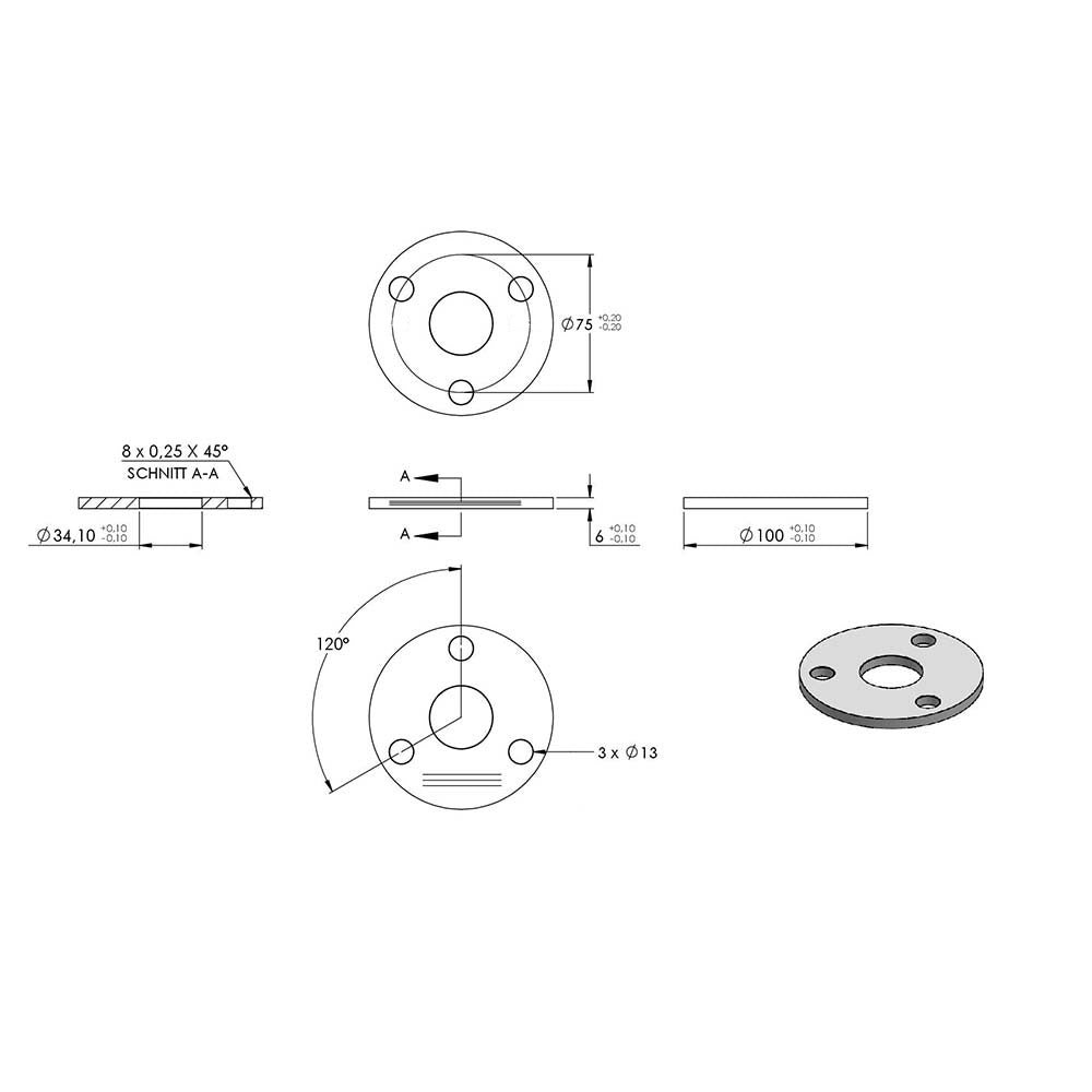 Ronde ø 100mm, Stärke 6mm, mit drei ø 13mm Bohrungen und mittiger ø 34,1mm Bohrung, mit Längsschliff
