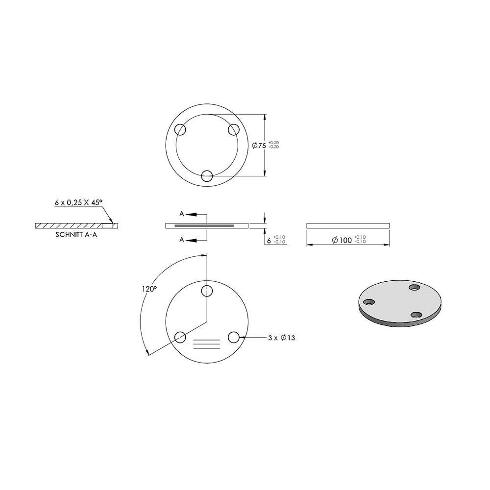 Ronde ø 100mm, Stärke 6mm, mit drei ø 13mm Bohrungen, einseitig geschliffen, mit Längsschliff