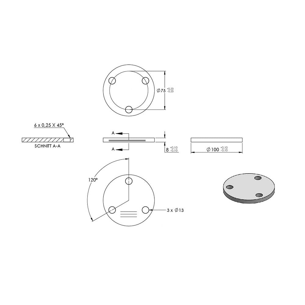 Ronde ø 100mm, Stärke 8mm, mit drei ø 13mm Bohrungen, einseitig geschliffen, mit Längsschliff