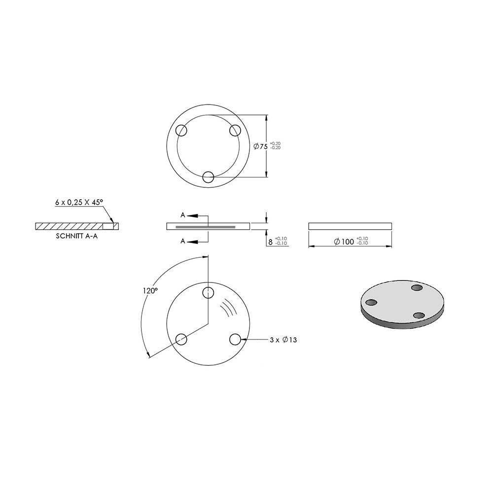 Ronde ø 100mm, Stärke 8mm, mit drei ø 13mm Bohrungen, einseitig geschliffen, mit Rundschliff