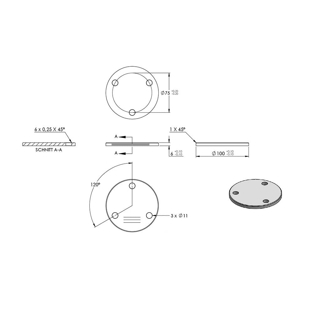 Ronde ø 100mm mit Fase, Stärke 6mm, mit drei ø 11mm Bohrungen, einseitig geschliffen, mit Längsschliff