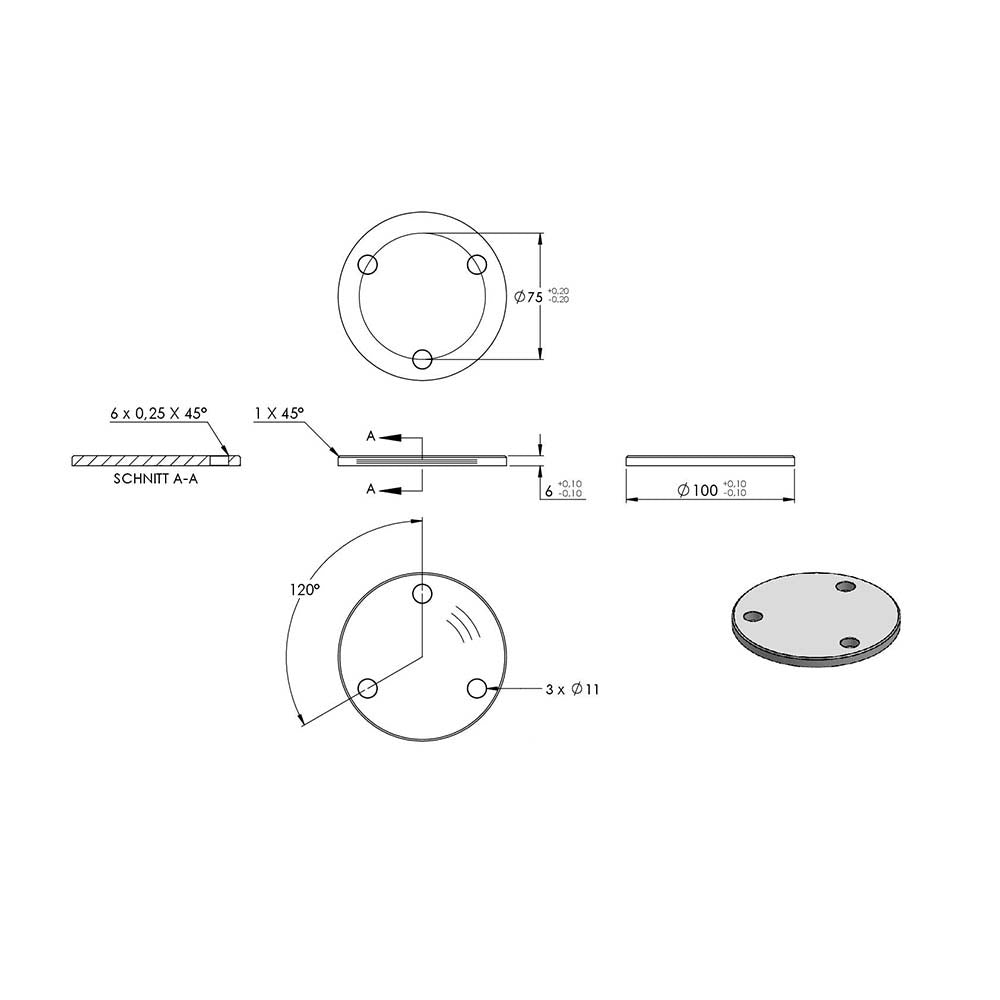 Ronde ø 100mm mit Fase, Stärke 6mm, mit drei ø 11mm Bohrungen, einseitig geschliffen, mit Rundschliff