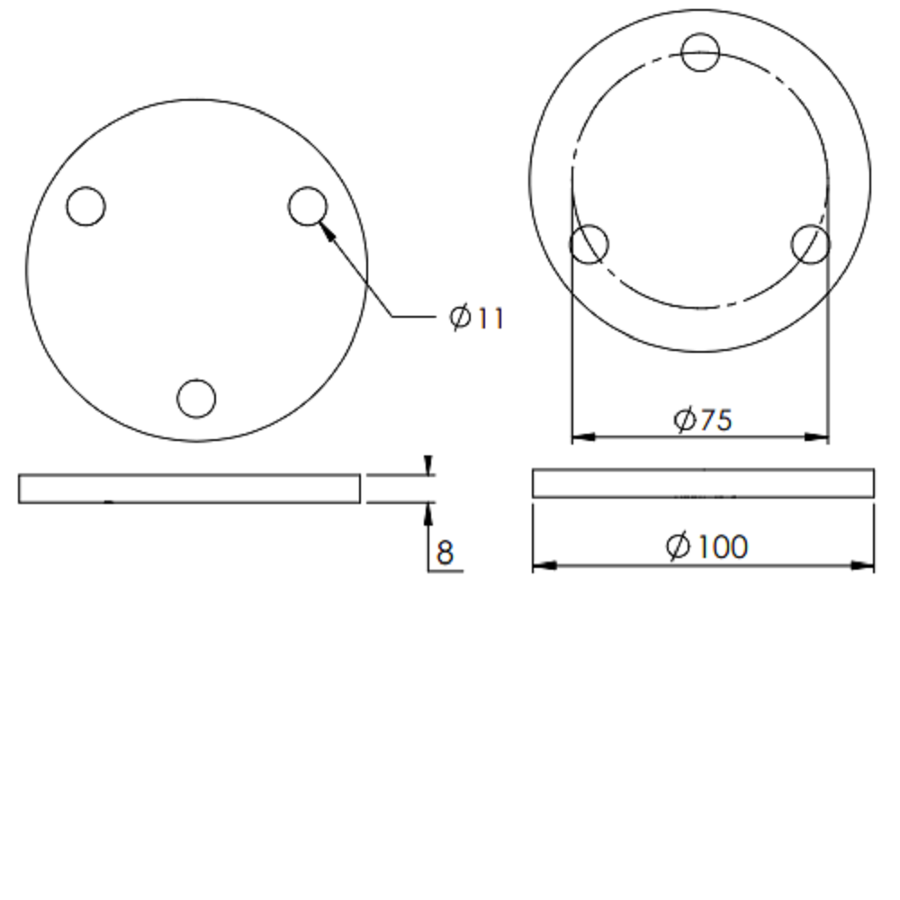 Ronde ø 100mm, Stärke 8mm, mit drei ø 11mm Bohrungen, gelasert, Stahl roh
