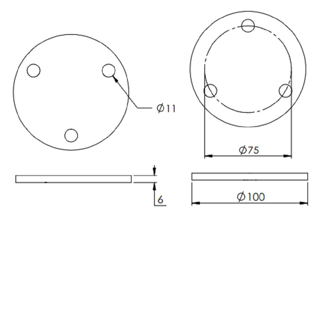 Ronde ø 100mm, Stärke 6mm, mit drei ø 11mm Bohrungen, gelasert, Stahl roh