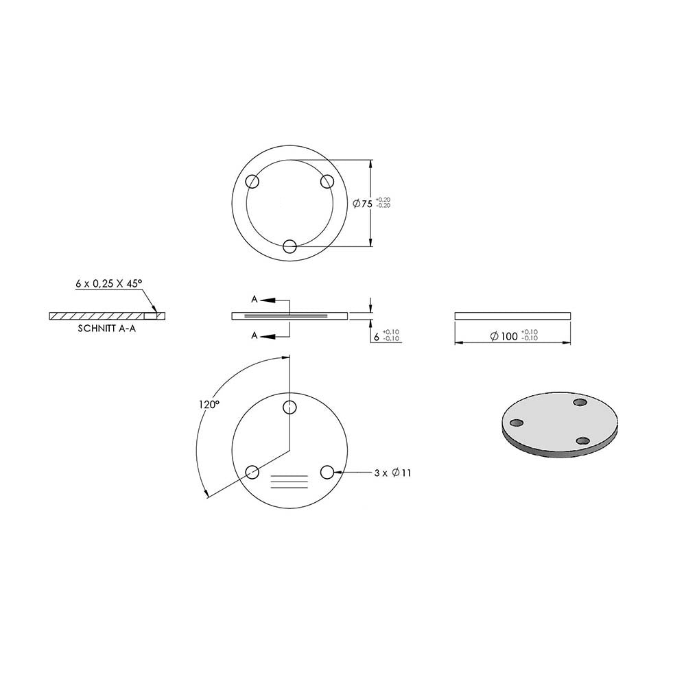 Ronde ø 100mm, Stärke 6mm, mit drei ø 11mm Bohrungen, einseitig geschliffen, mit Längsschliff, in V4A