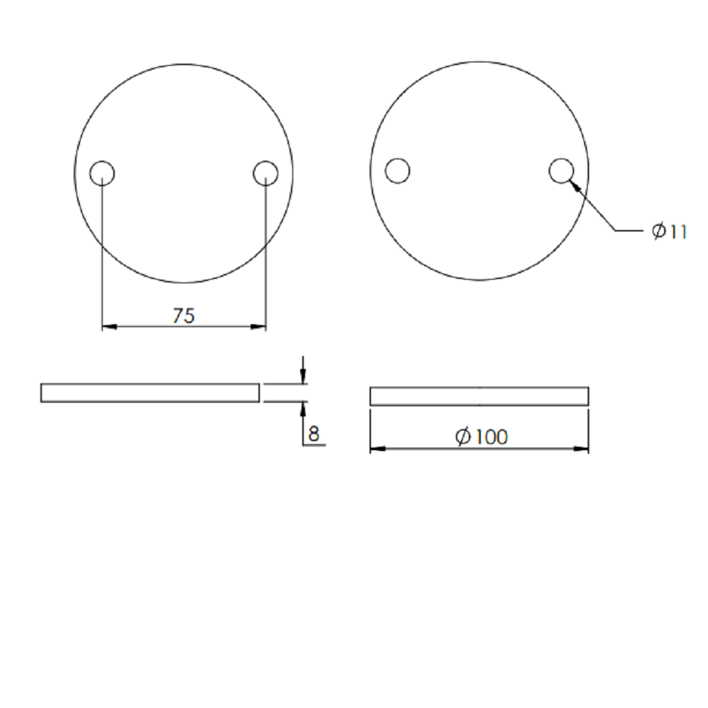 Ronde ø 100mm, Stärke 8mm, mit zwei ø 11mm Bohrungen, gelasert, Stahl roh