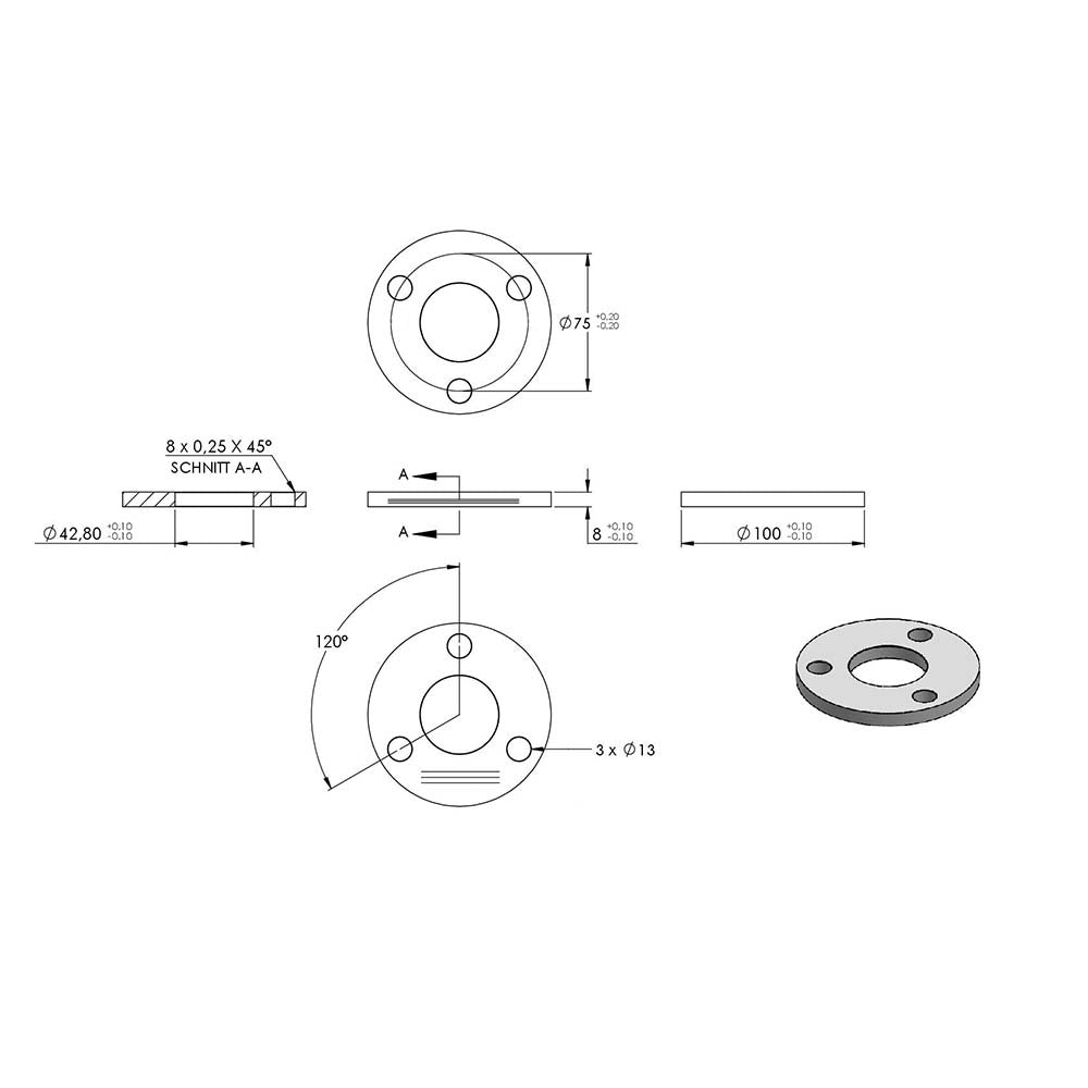 Ronde ø 100mm, Stärke 8mm, mit drei ø 13mm Bohrungen und mittiger ø 42,8mm Bohrung, mit Längsschliff