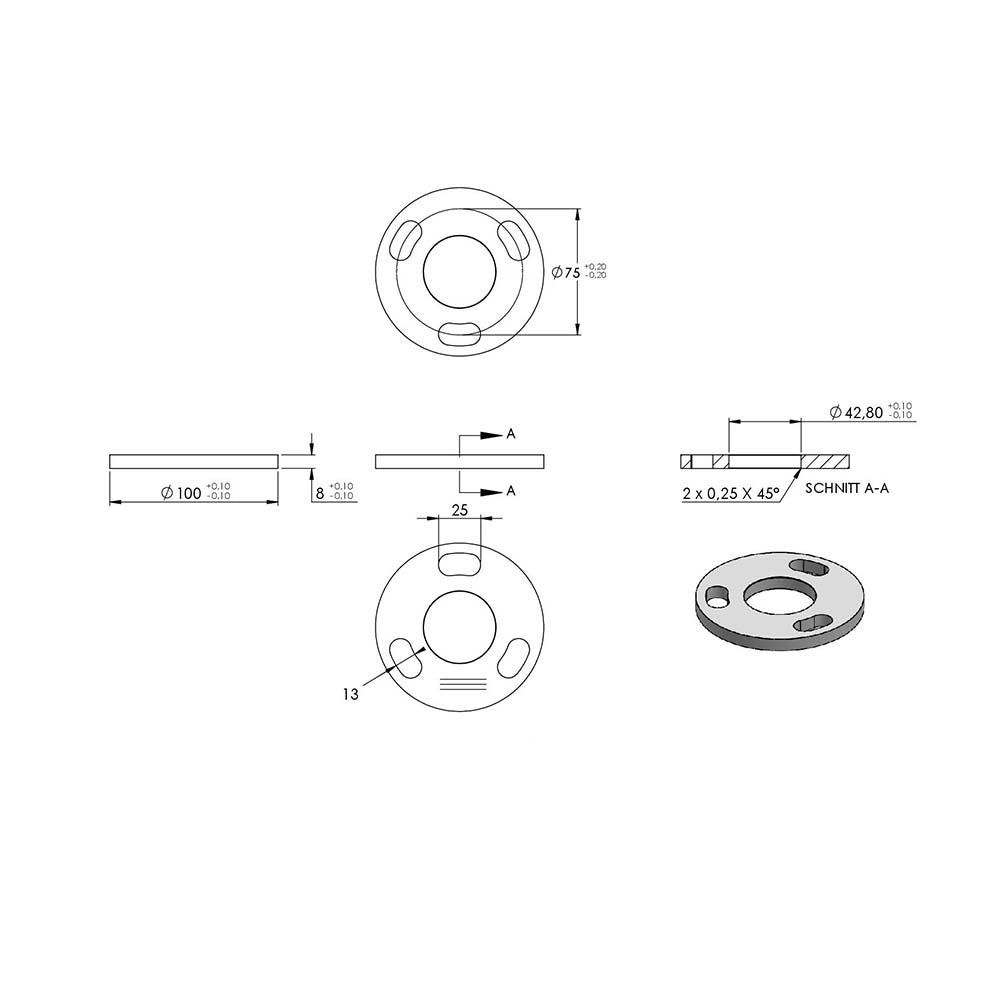 Ronde ø 100mm, Stärke 8mm, mit 3 Langlöchern 13 x 25mm und Mittelbohrung ø 42,8mm, mit Längsschliff