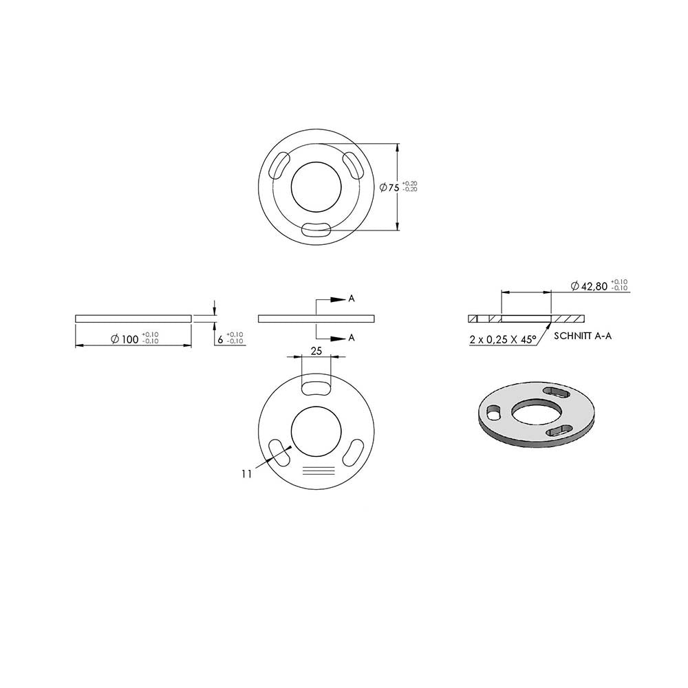 Ronde ø 100mm, Stärke 6mm, mit 3 Langlöchern 11 x 25mm und Mittelbohrung ø 42,8mm, mit Längsschliff