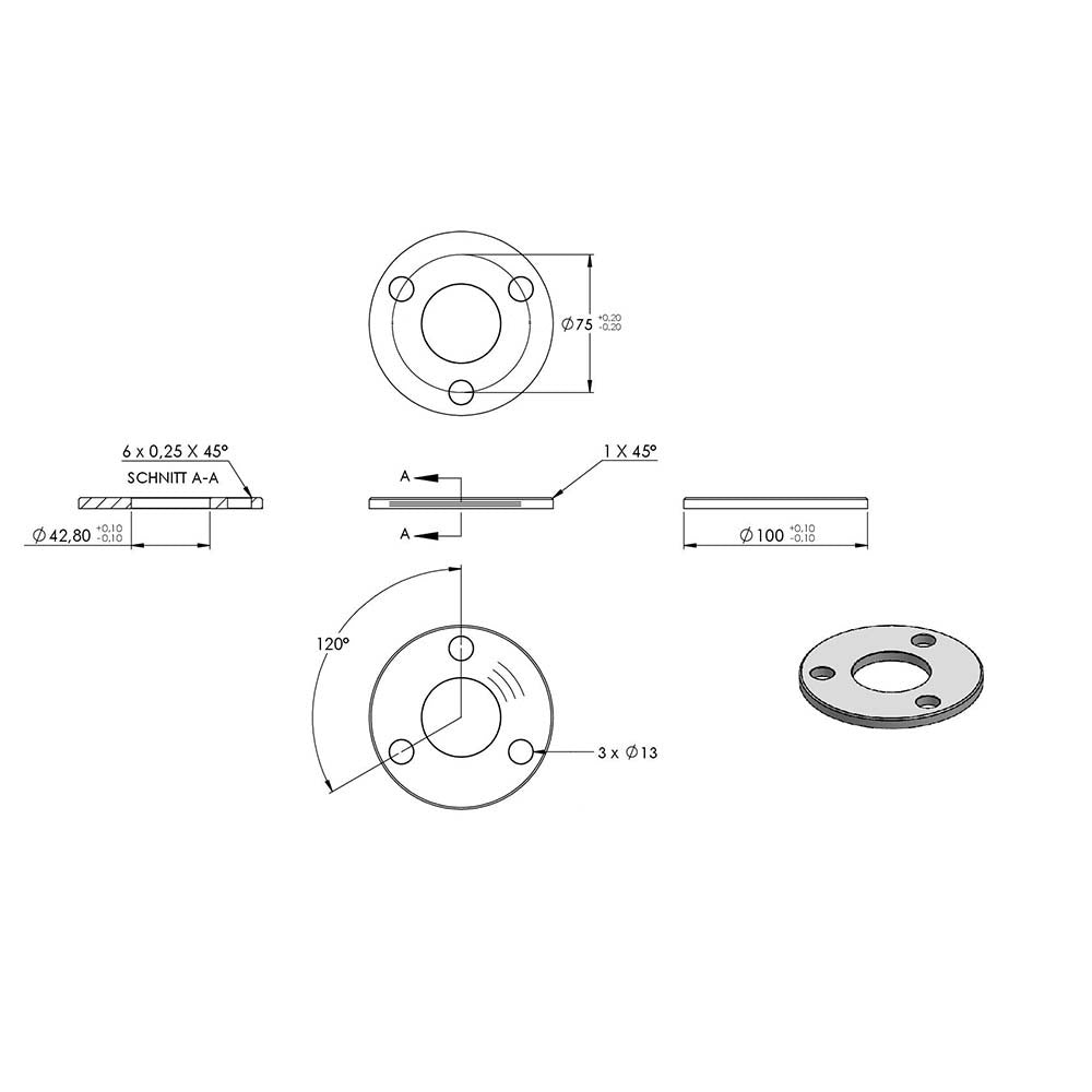 Ronde mit Fase ø 100mm, Stärke 6mm, mit drei ø 13mm Bohrungen und mittiger ø 42,8mm Bohrung, mit Rundschliff