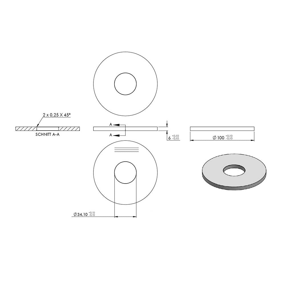 Ronde ø 100mm, Stärke 6mm, mit ø 34mm Mittelbohrung, einseitig geschliffen, mit Längsschliff