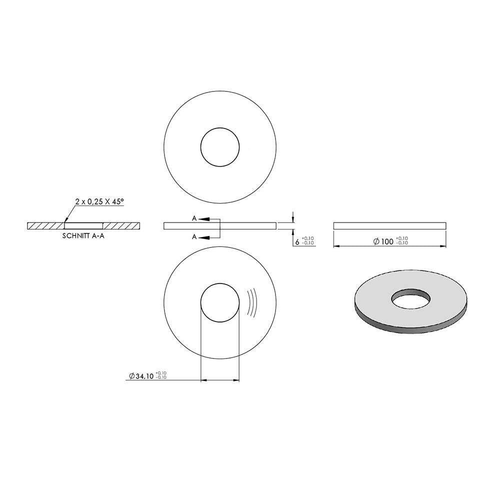 Ronde ø 100mm, Stärke 6mm, mit ø 34mm Mittelbohrung, einseitig geschliffen, mit Rundschliff