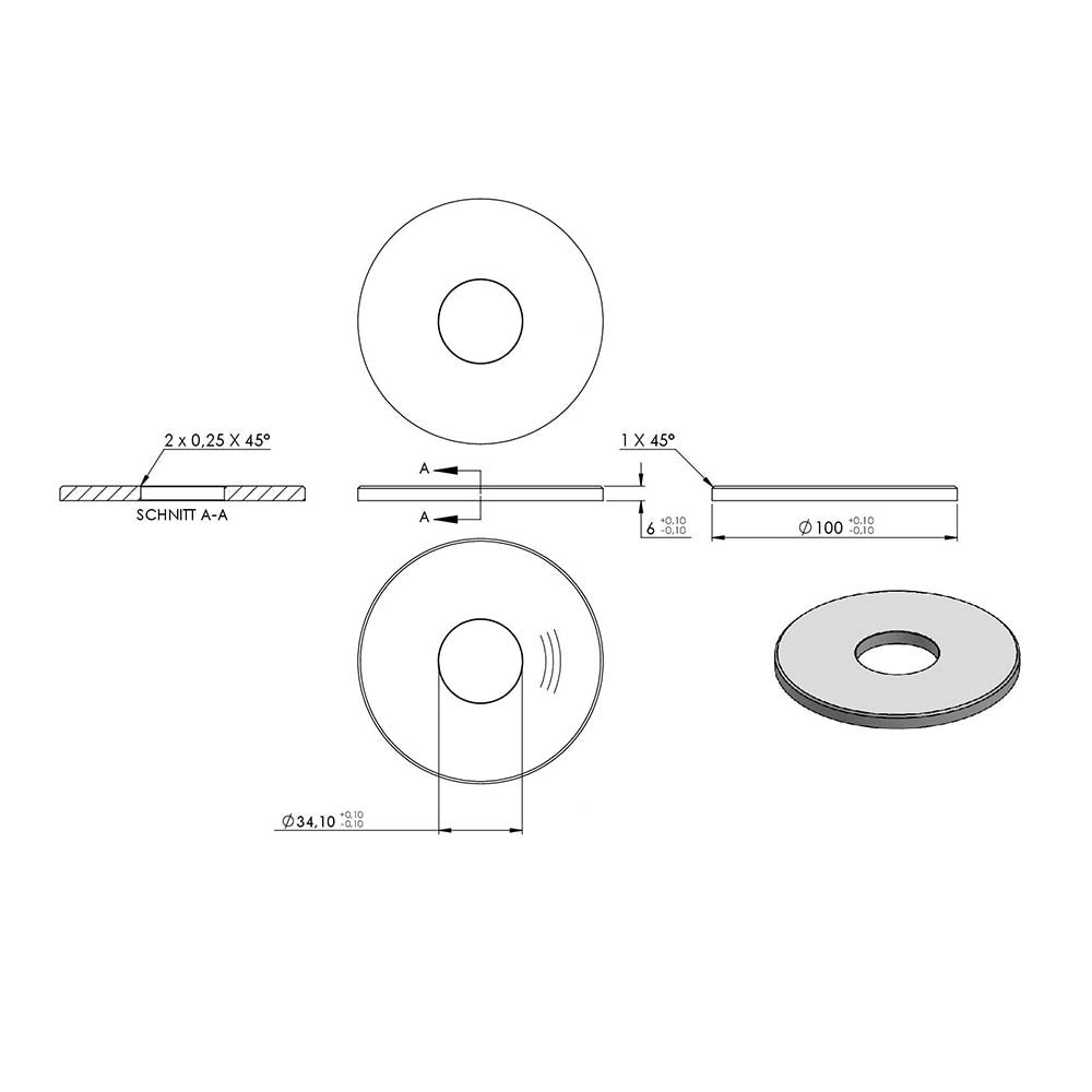 Ronde ø 100mm mit Fase, Stärke 6mm, mit ø 34mm Mittelbohrung, einseitig geschliffen, mit Rundschliff