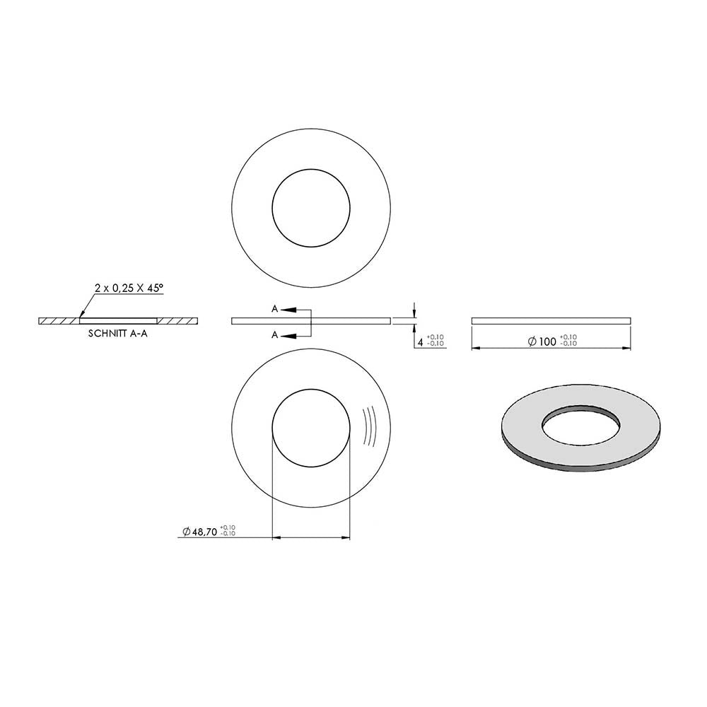 Ronde ø 100mm, Stärke 4mm, mit ø 48,7mm Mittelbohrung, einseitig und Rand geschliffen, mit Rundschliff
