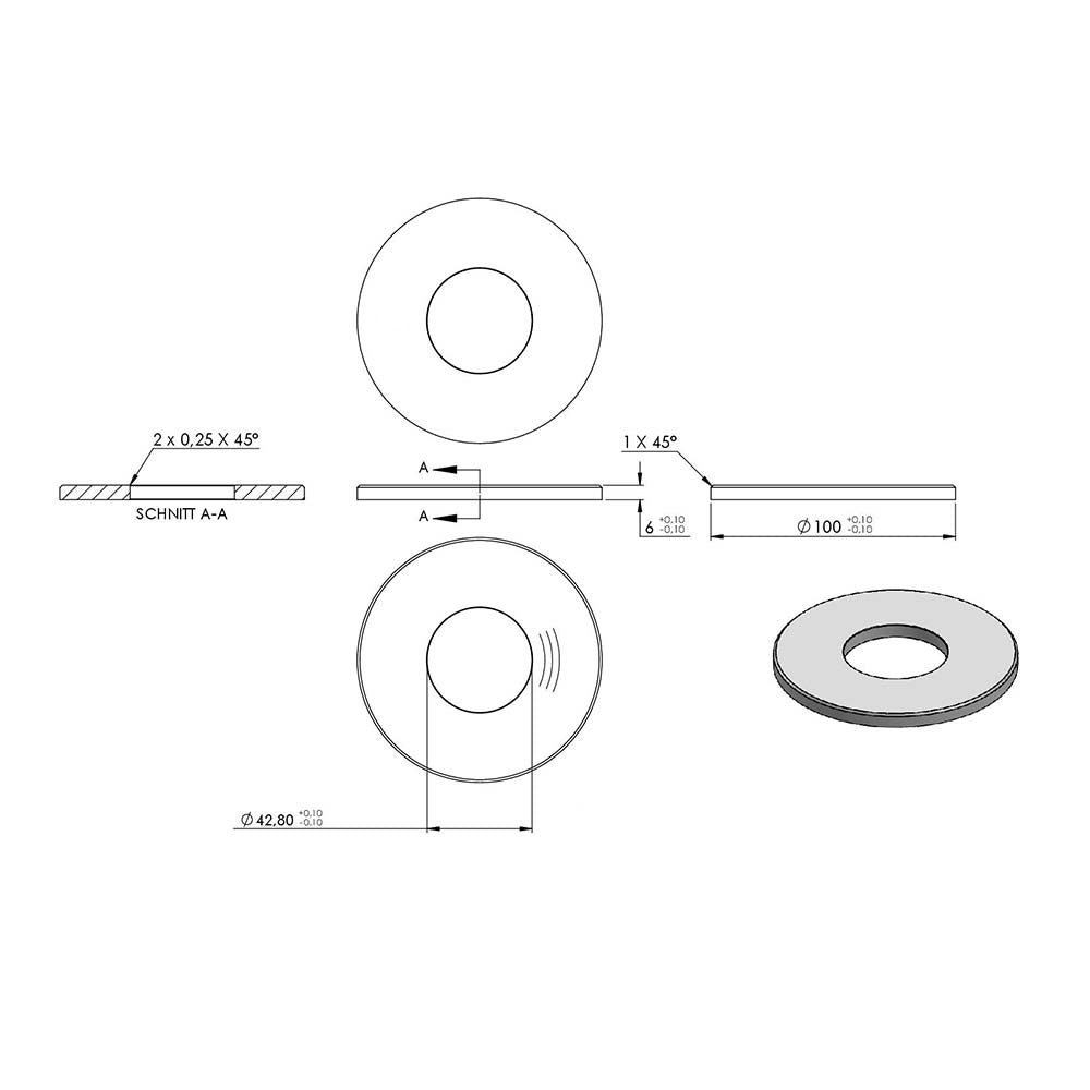 Ronde ø 100mm mit Fase, Stärke 6mm, mit ø 42,8mm Mittelbohrung, einseitig geschliffen, mit Rundschliff