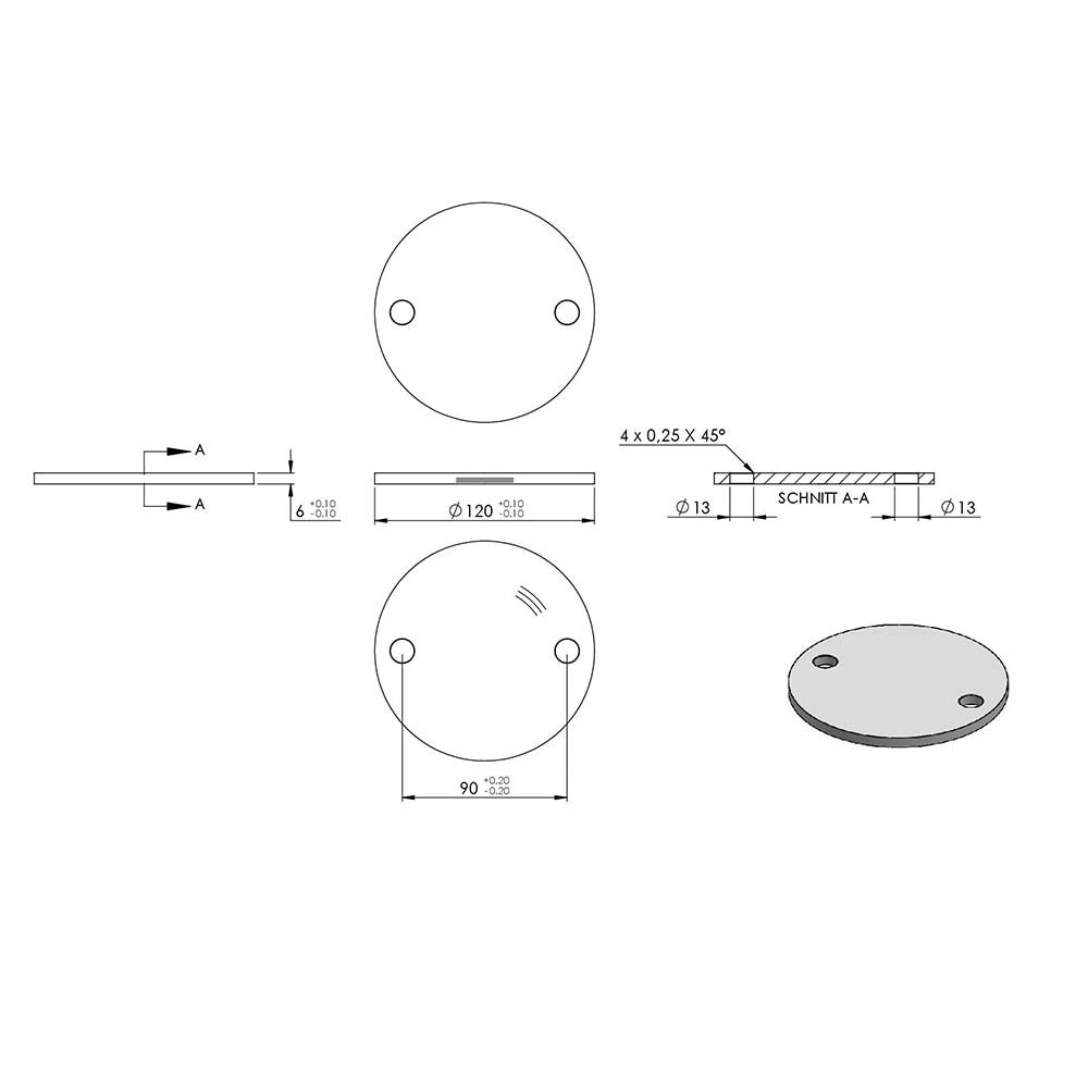 Ronde ø 120mm, Stärke 6mm, mit zwei ø 13mm Bohrungen, einseitig geschliffen, mit Rundschliff