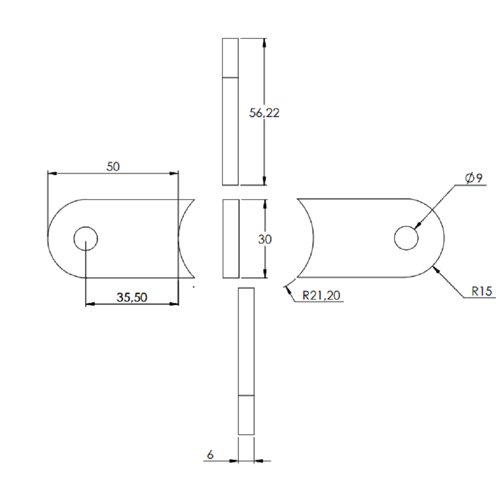 Anschweißlasche 50 x 30mm, Stärke 6mm, mit ø 9mm Rundloch, Anschluss 42,4mm, gelasert, Stahl roh