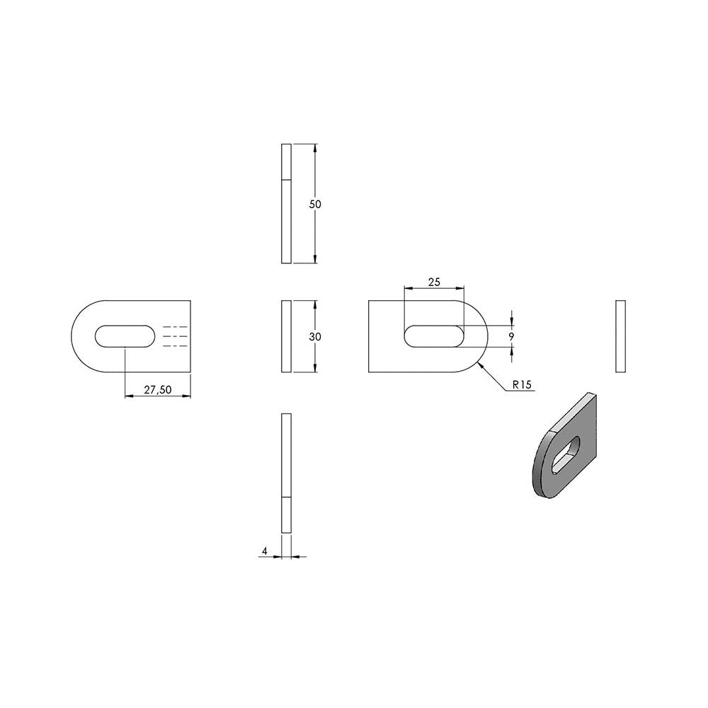 Anschweißlasche 50 x 30mm, Stärke 4mm, beidseitig geschliffen, mit 25 x 9mm Langloch