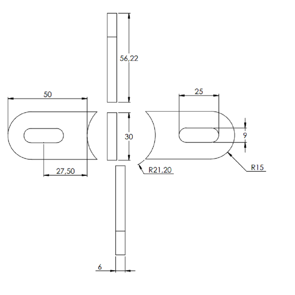 Anschweißlasche 50 x 30mm, Stärke 6mm, mit 9 x 25mm Langloch, Anschluss 42,5mm, gelasert, Stahl roh