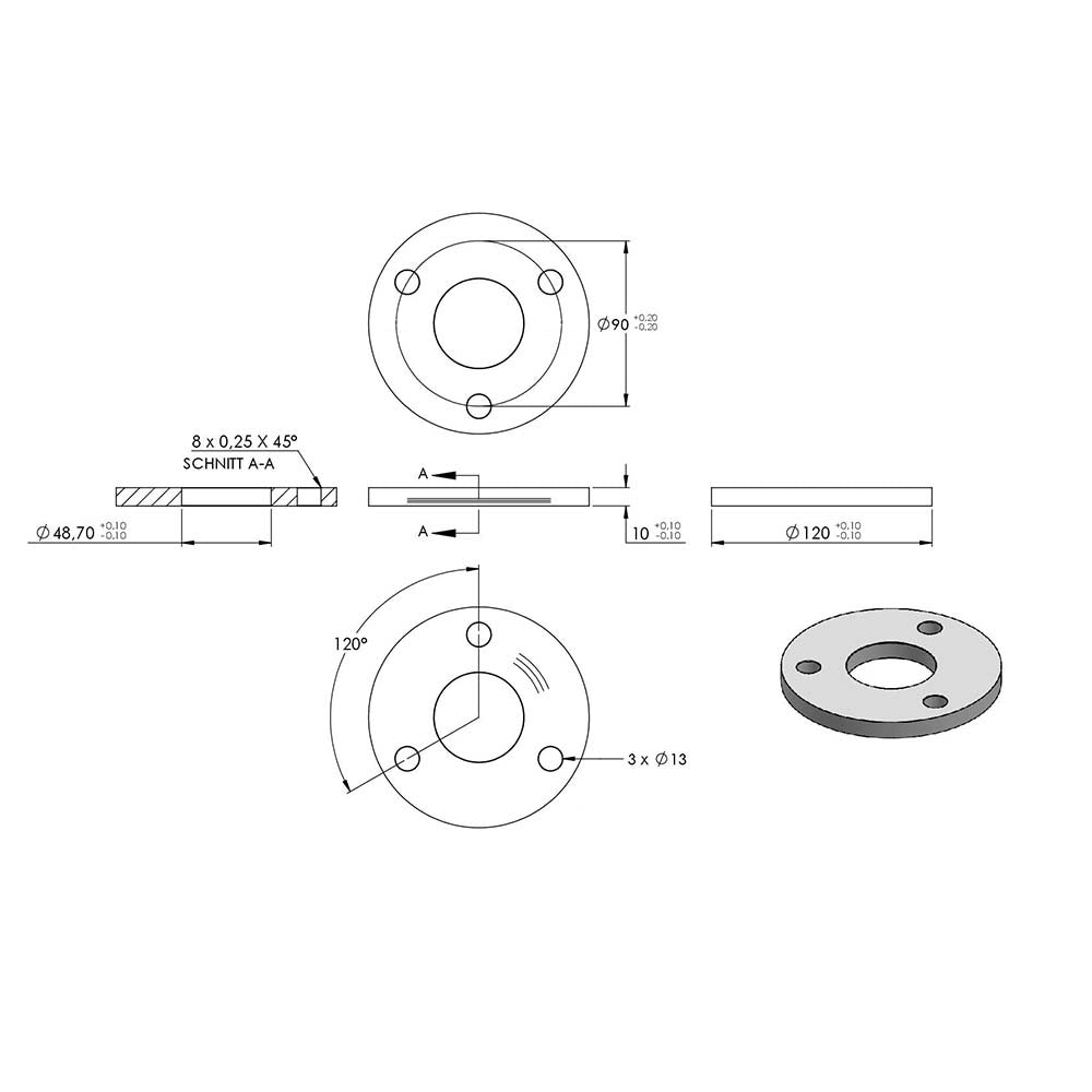 Ronde ø 120mm, Stärke 10mm, mit drei ø 13mm Bohrungen und mittiger ø 48,7mm Bohrung, mit Rundschliff