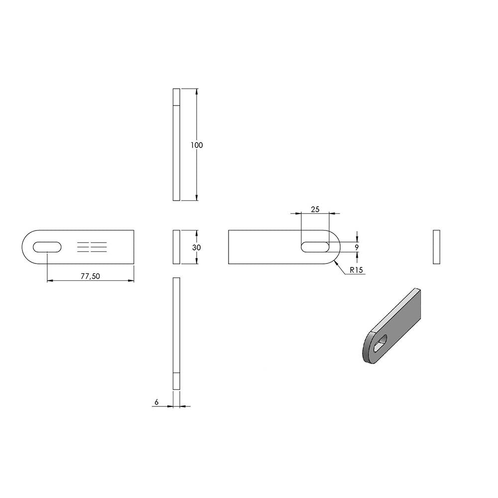 Anschweißlasche 100 x 30mm, Stärke 6mm, beidseitig geschliffen, mit 25 x 9mm Langloch