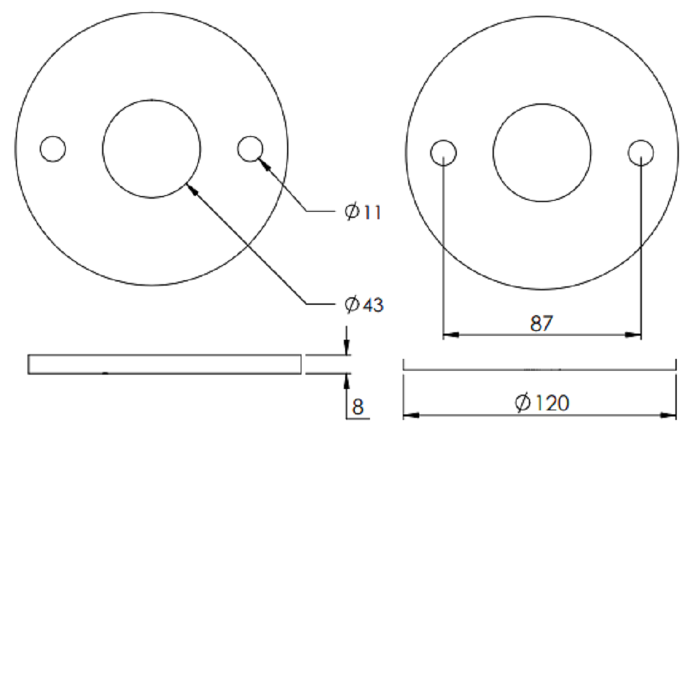 Ronde ø 120mm, Stärke 8mm, mit zwei ø 11mm Bohrungen und ø 43mm Mittelbohrung, Stahl roh