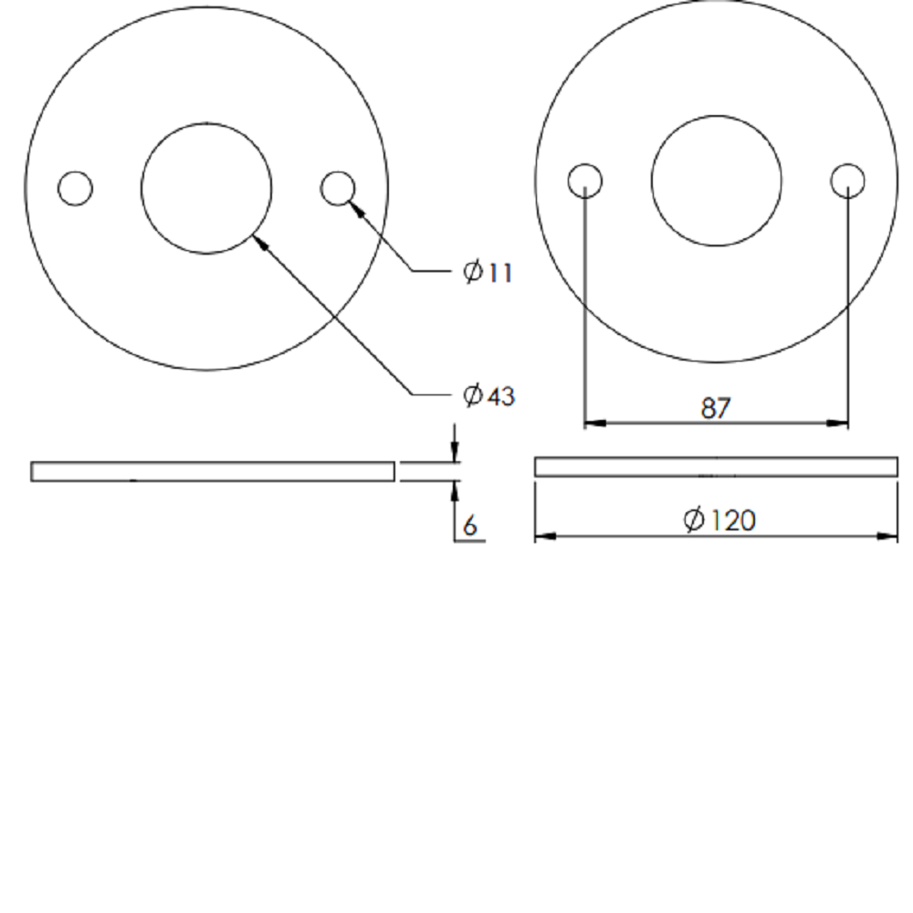 Ronde ø 120mm, Stärke 6mm, mit zwei ø 11mm Bohrungen und ø 43mm Mittelbohrung, Stahl roh