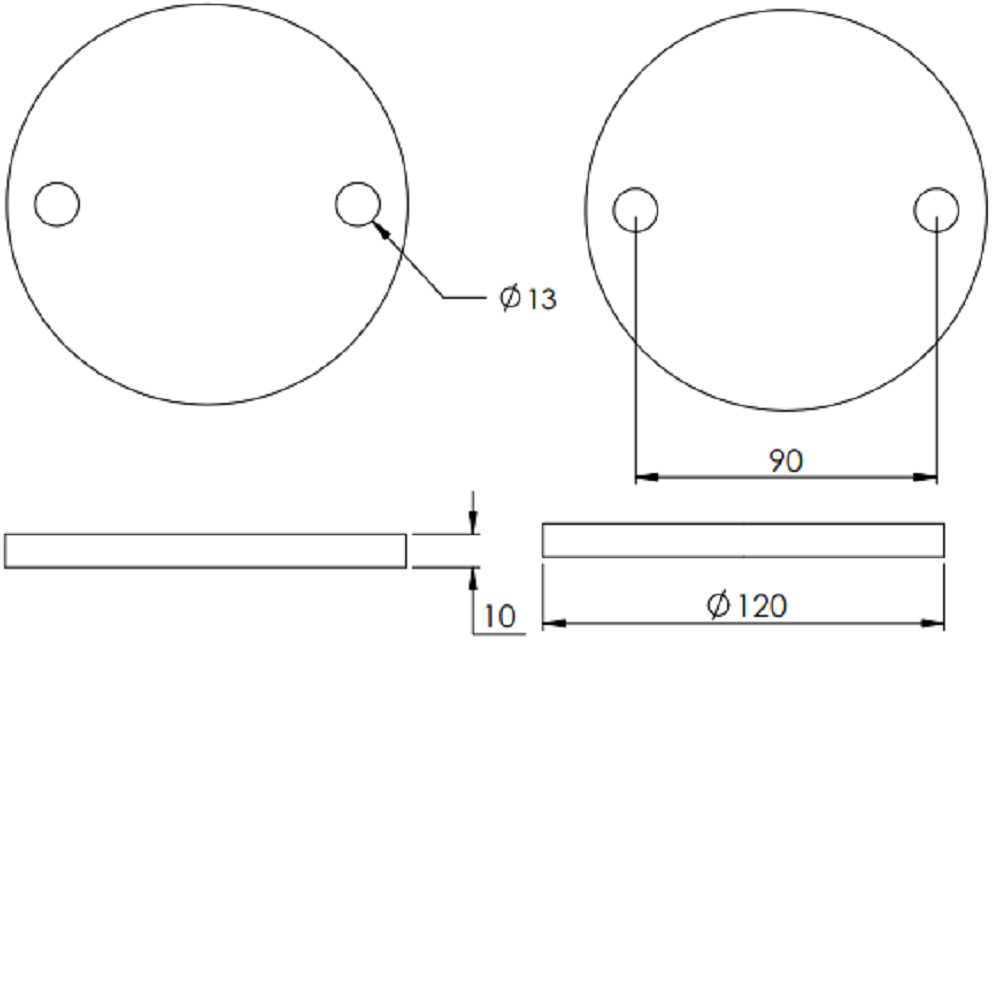 Ronde ø 120mm, Stärke 10mm, mit zwei ø 13mm Bohrungen, gelasert, Stahl roh