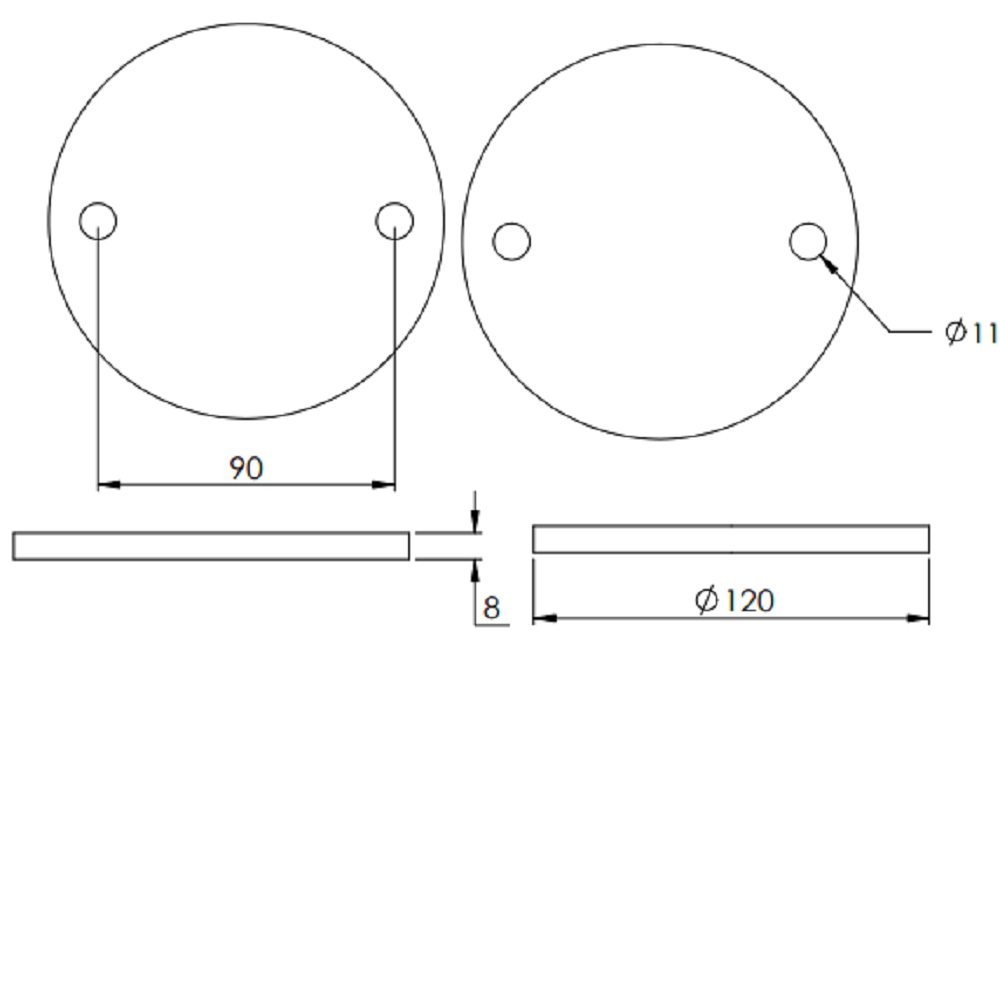 Ronde ø 120mm, Stärke 8mm, mit zwei ø 11mm Bohrungen, gelasert, Stahl roh