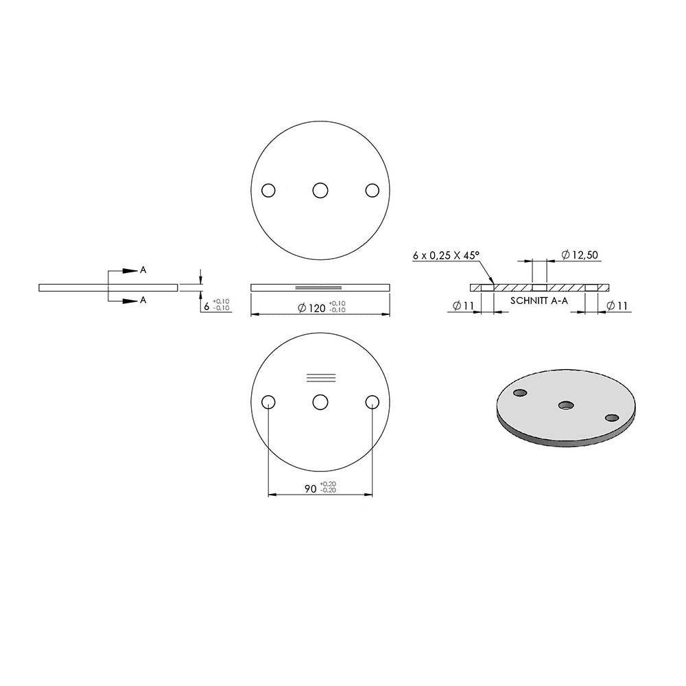 Ankerplatte ø 120mm, Stärke 6mm, einseitig geschliffen, mit Längsschliff
