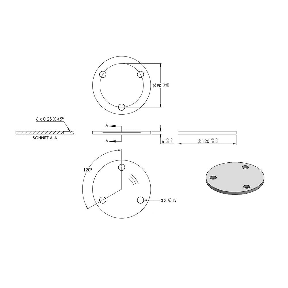 Ronde ø 120mm, Stärke 6mm, mit drei ø 13mm Bohrungen, einseitig geschliffen, mit Rundschliff
