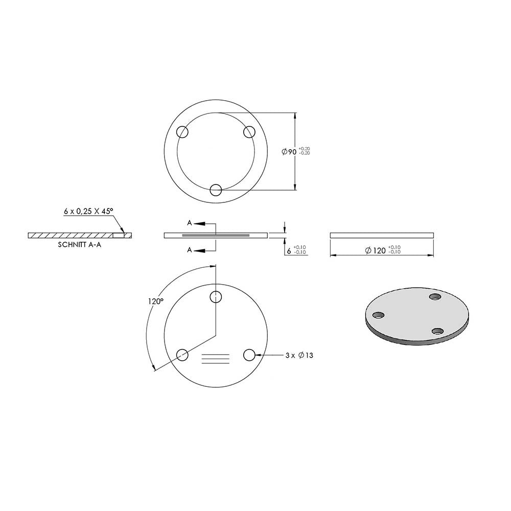 Ronde ø 120mm, Stärke 6mm, mit drei ø 13mm Bohrungen, einseitig geschliffen, mit Längsschliff
