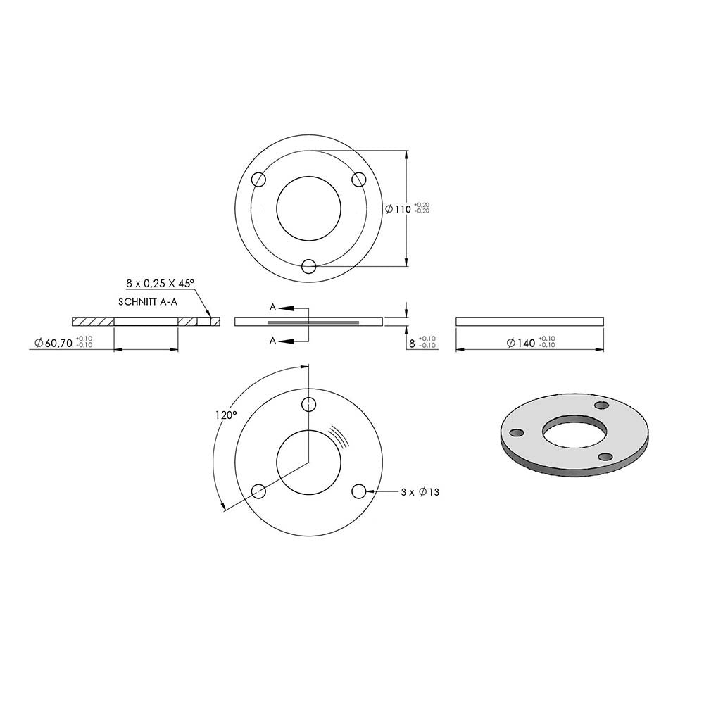 Ronde ø 140mm, Stärke 8mm, mit drei ø 13mm Bohrungen und mittiger ø 60,7mm Bohrung, mit Rundschliff