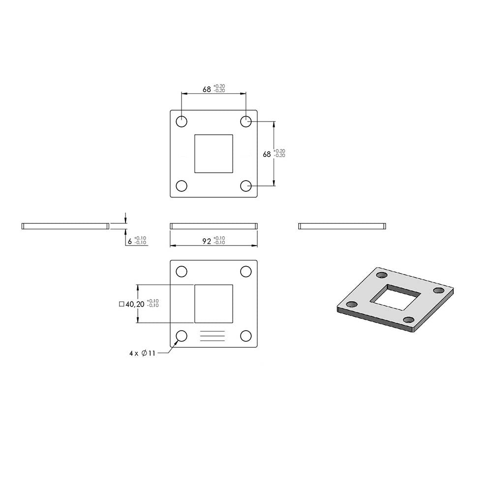 Ankerplatte 92 x 92mm, Stärke 6mm, mit vier ø 11mm Bohrungen, für Rohr 40 x 40mm, einseitig geschliffen