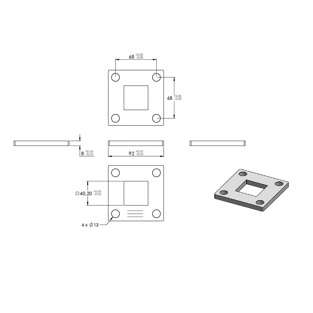 Ankerplatte 92 x 92mm, Stärke 8mm, mit vier ø 11mm Bohrungen, für Rohr 40 x 40mm, einseitig geschliffen
