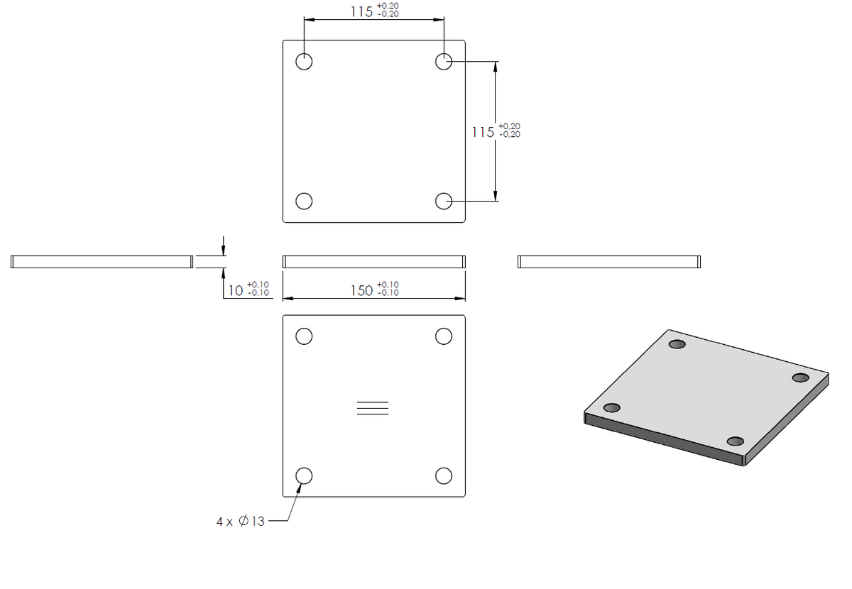 Ankerplatte 150 x 150mm, Stärke 10mm, mit vier ø 13mm Bohrungen, einseitig geschliffen