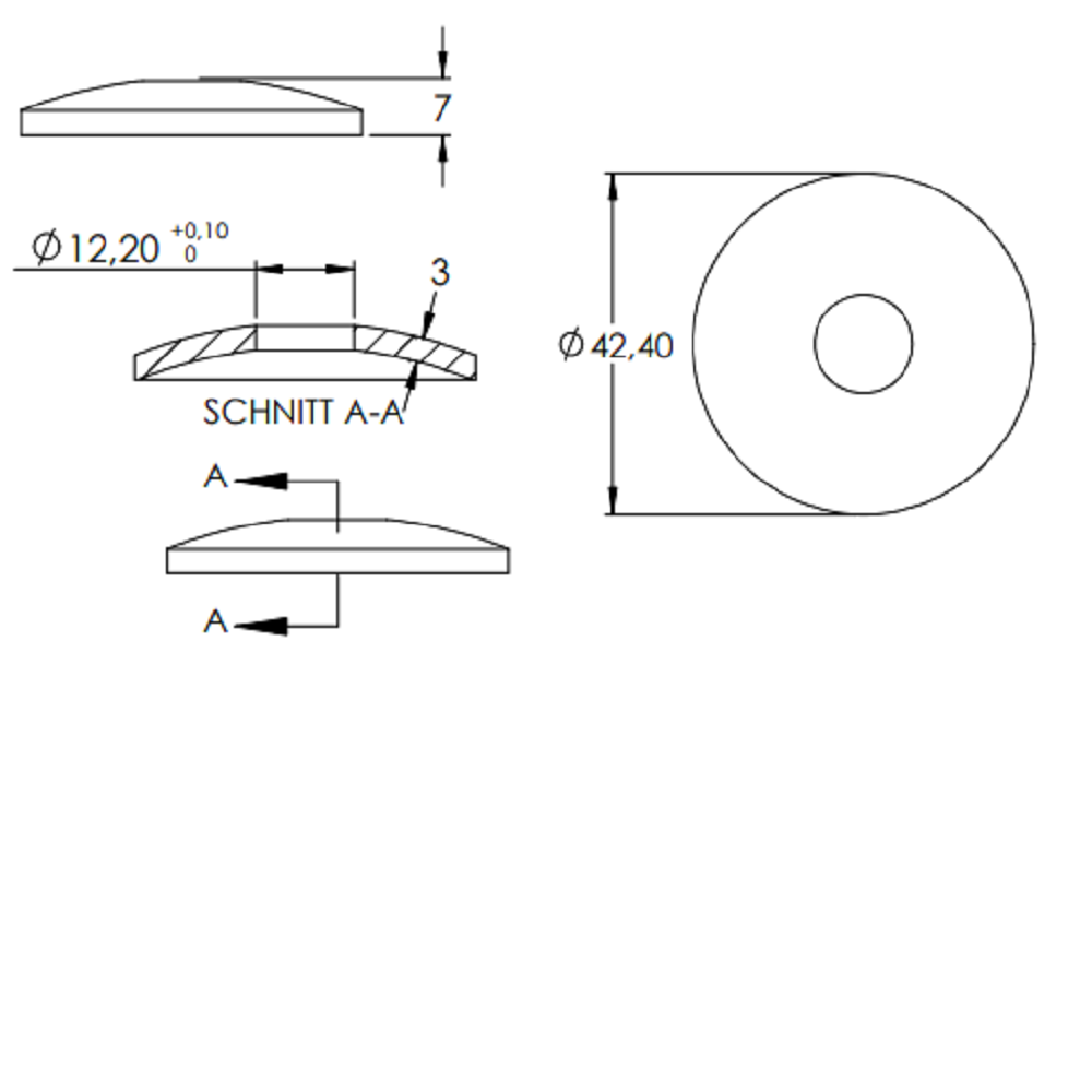Gewölbte Schale ø 42,4mm, Stärke 3mm, zum Aufschweißen, mit ø 12,3mm Mittelbohrung, Stahl roh
