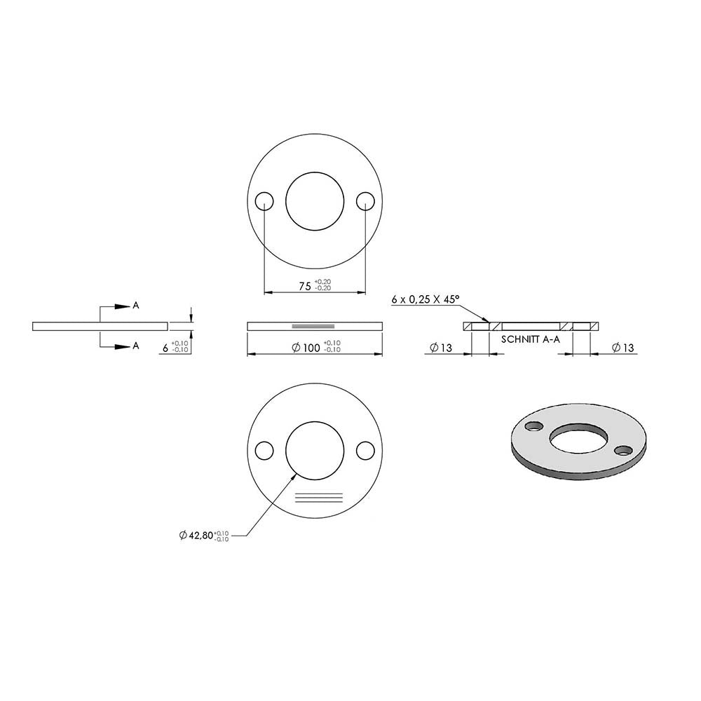 Ronde ø 100mm, Stärke 6mm, mit zwei ø 13mm Bohrungen und mittiger ø 42,8mm Bohrung, mit Längsschliff