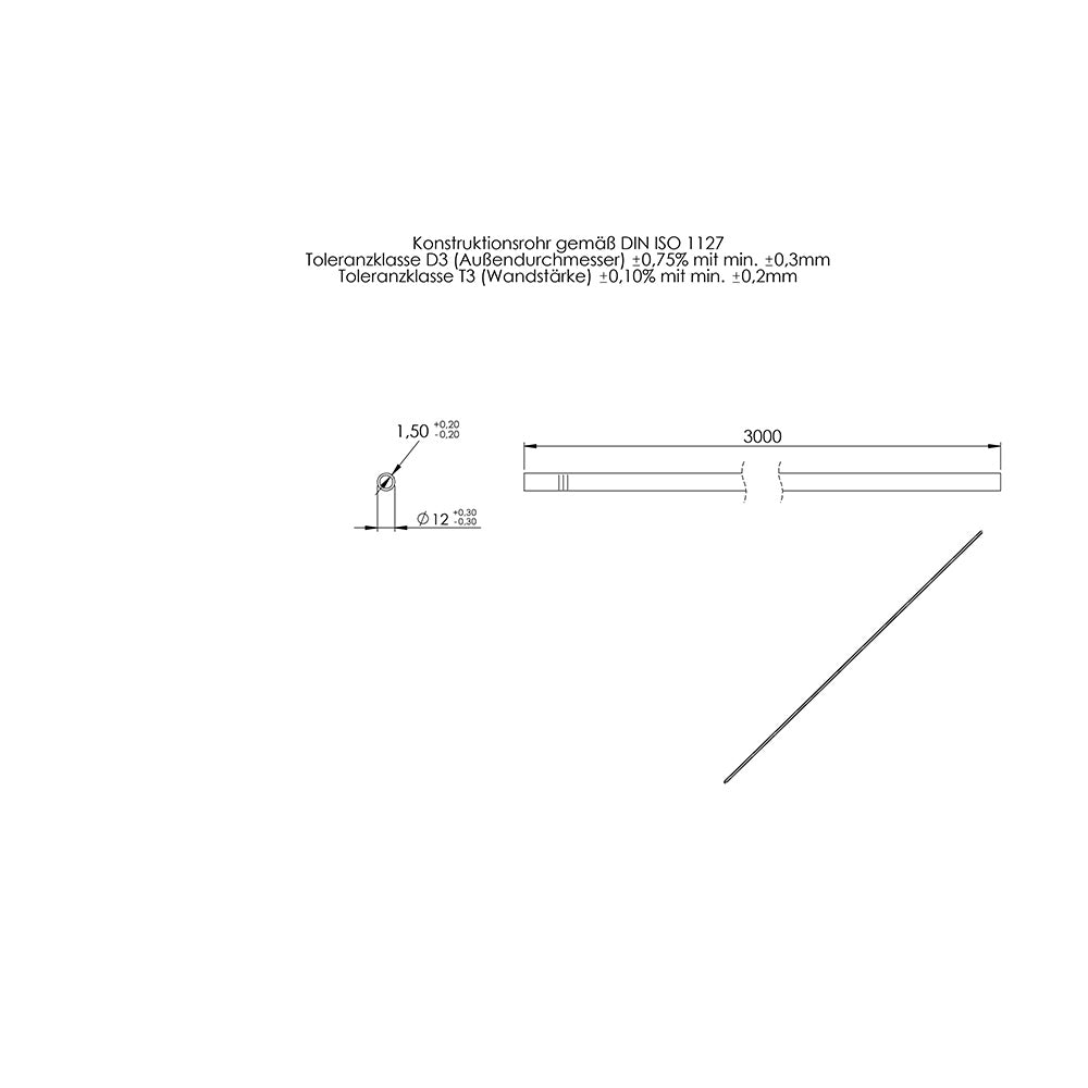 Rohr ø 12,0 x 1,5mm, Länge: 3000mm, aus V2A Edelstahl geschliffen