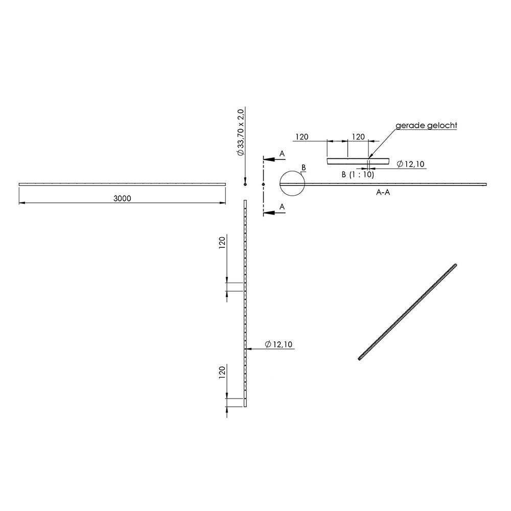Rohr ø 33,7 x 2,0mm, gerade gelocht, Länge: 3000mm, aus V2A Edelstahl geschliffen