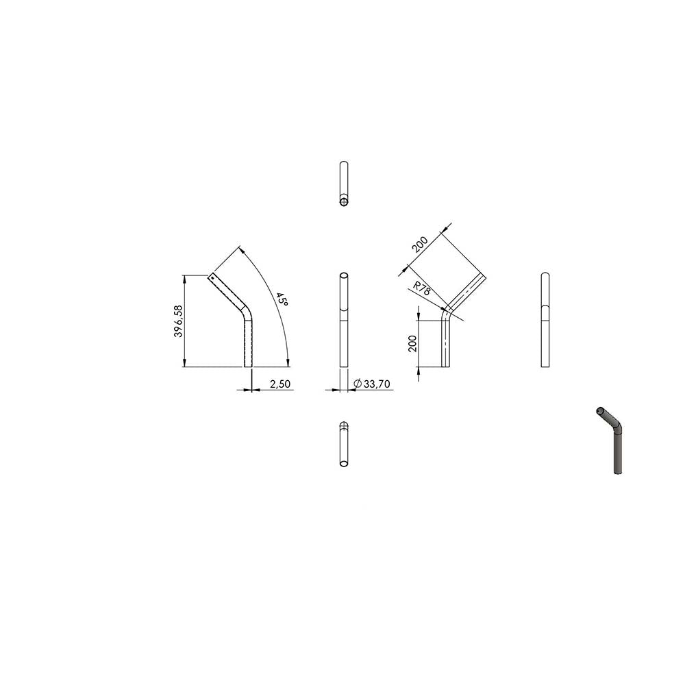 45° Anschweißbogen, für Rohr ø 33,7mm, Wandstärke 2,5mm, geschliffen