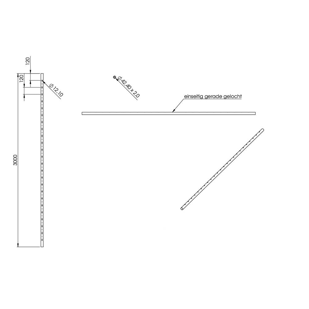 Rohr ø 42,4 x 2,0mm, gerade gelocht, Länge: 3000mm, aus V2A Edelstahl geschliffen