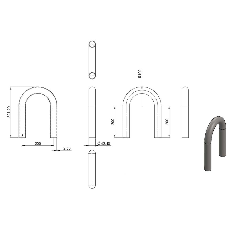 180° Anschweißbogen, Radius-Mitte: 100mm, für Rohr ø 42,4mm, Wandstärke 2,5mm, geschliffen