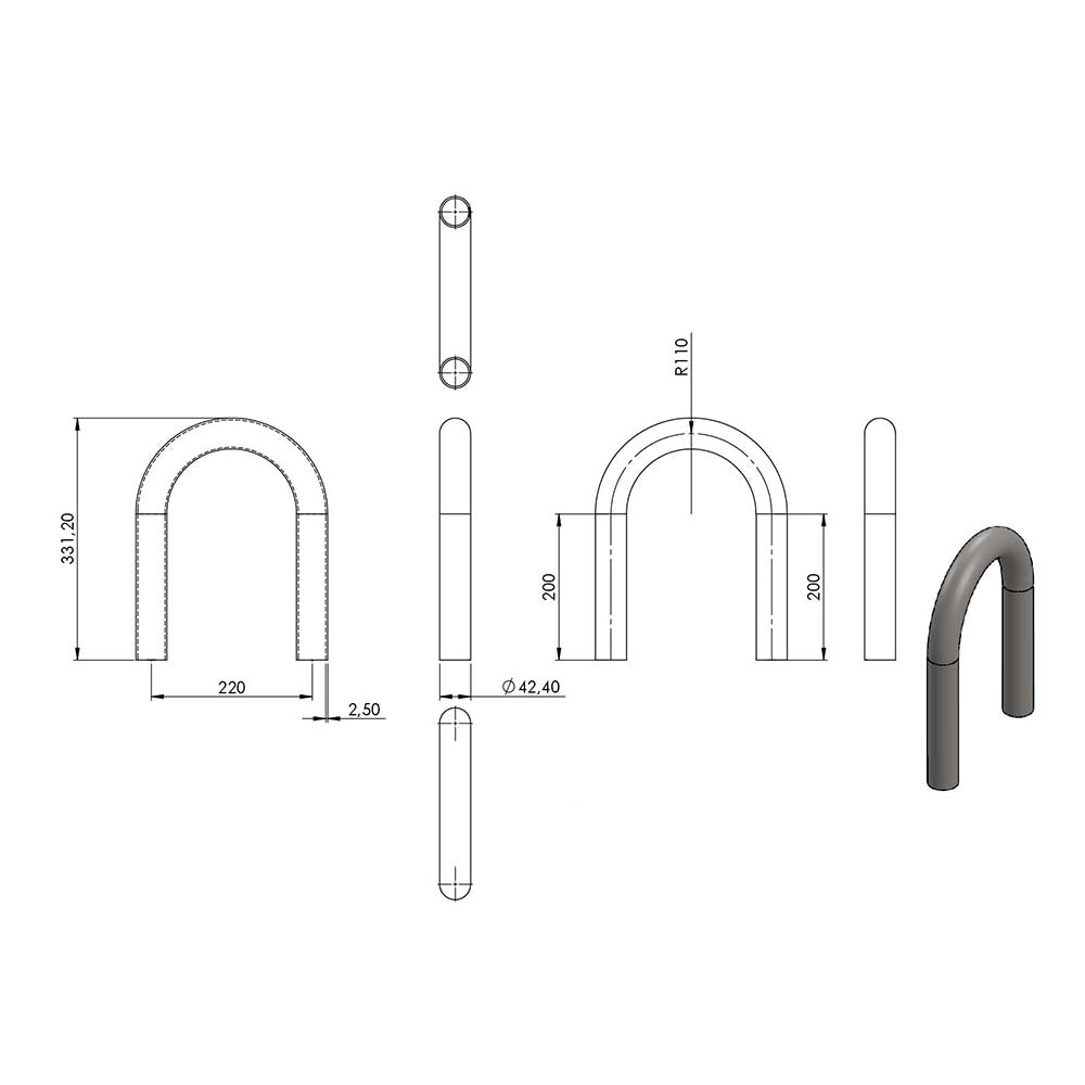 180° Anschweißbogen, Radius-Mitte: 110mm, für Rohr ø 42,4mm, Wandstärke 2,5mm, geschliffen