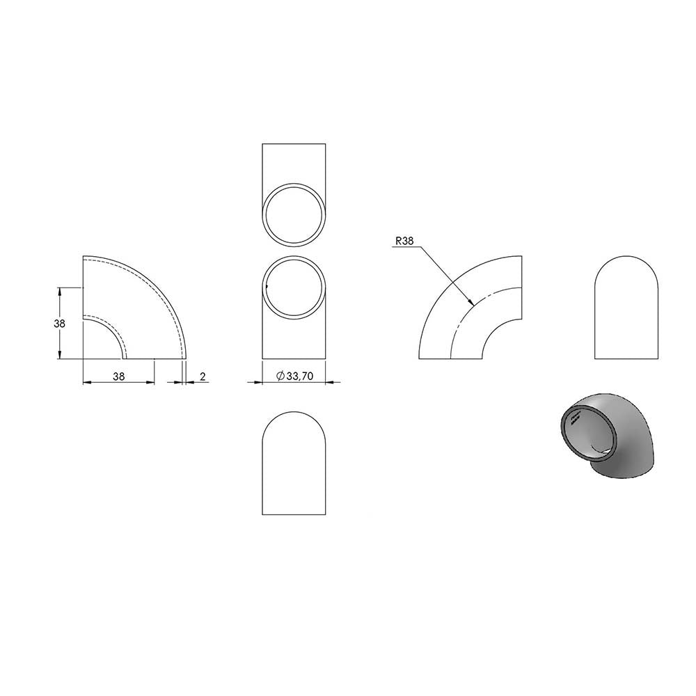 90° Bogen zum Anschweißen, für Rohr ø 33,7mm, Wandstärke 2,0mm, ungeschliffen