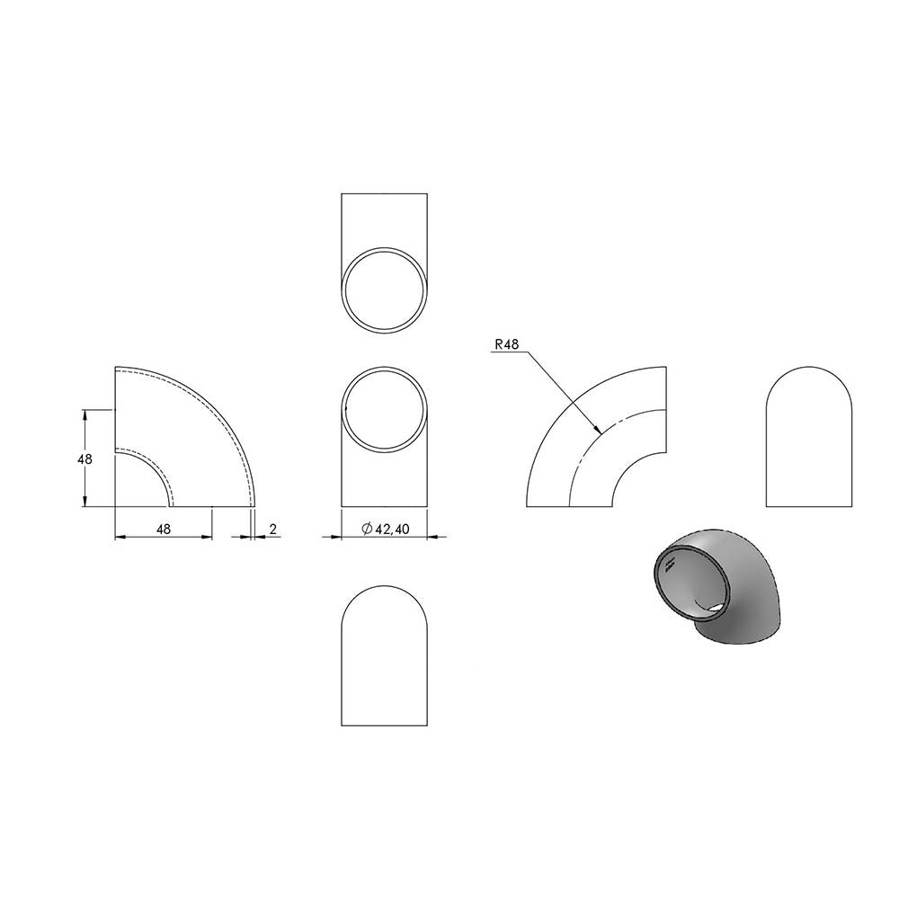 90° Bogen zum Anschweißen, für Rohr ø 42,4mm, Wandstärke 2,0mm, ungeschliffen