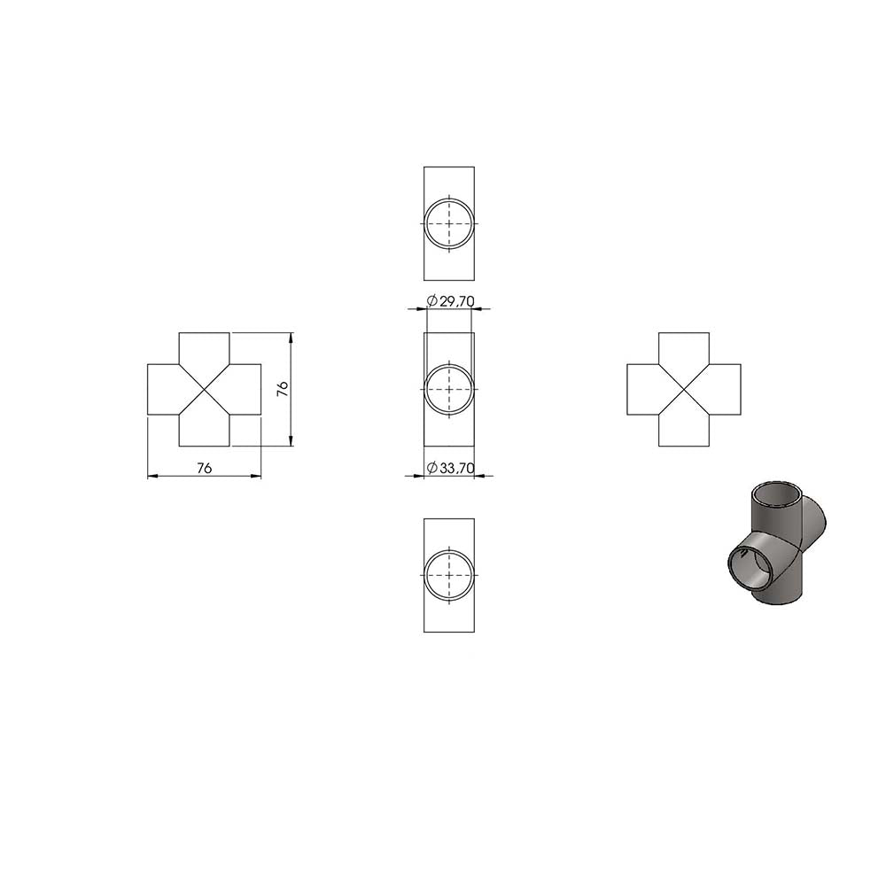 Kreuzstück zum Anschweißen, für Rohr ø 33,7mm, Wandstärke 2,0mm, geschliffen