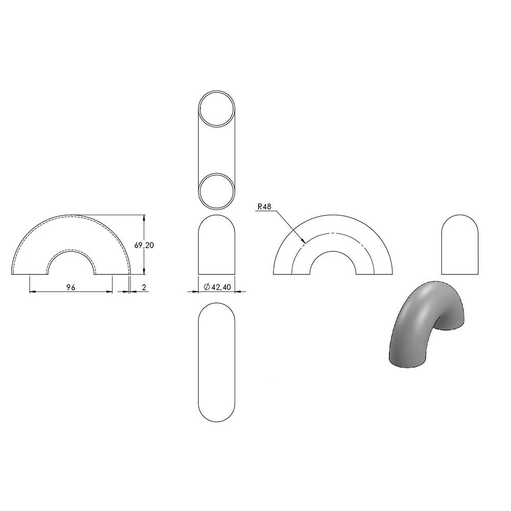 180° Bogen zum Anschweißen, für Rohr ø 42,4mm, Wandstärke 2,0mm, geschliffen