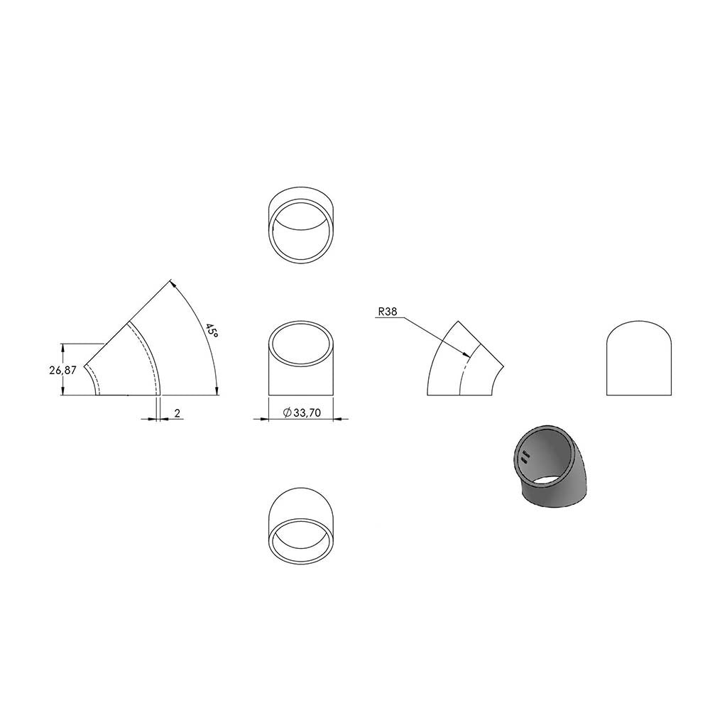 45° Bogen zum Anschweißen, für Rohr ø 33,7mm, Wandstärke 2,0mm, geschliffen