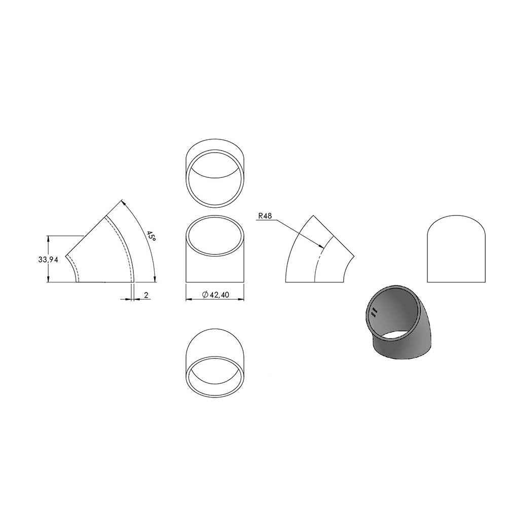45° Bogen zum Anschweißen, für Rohr ø 42,4mm, Wandstärke 2,0mm, geschliffen